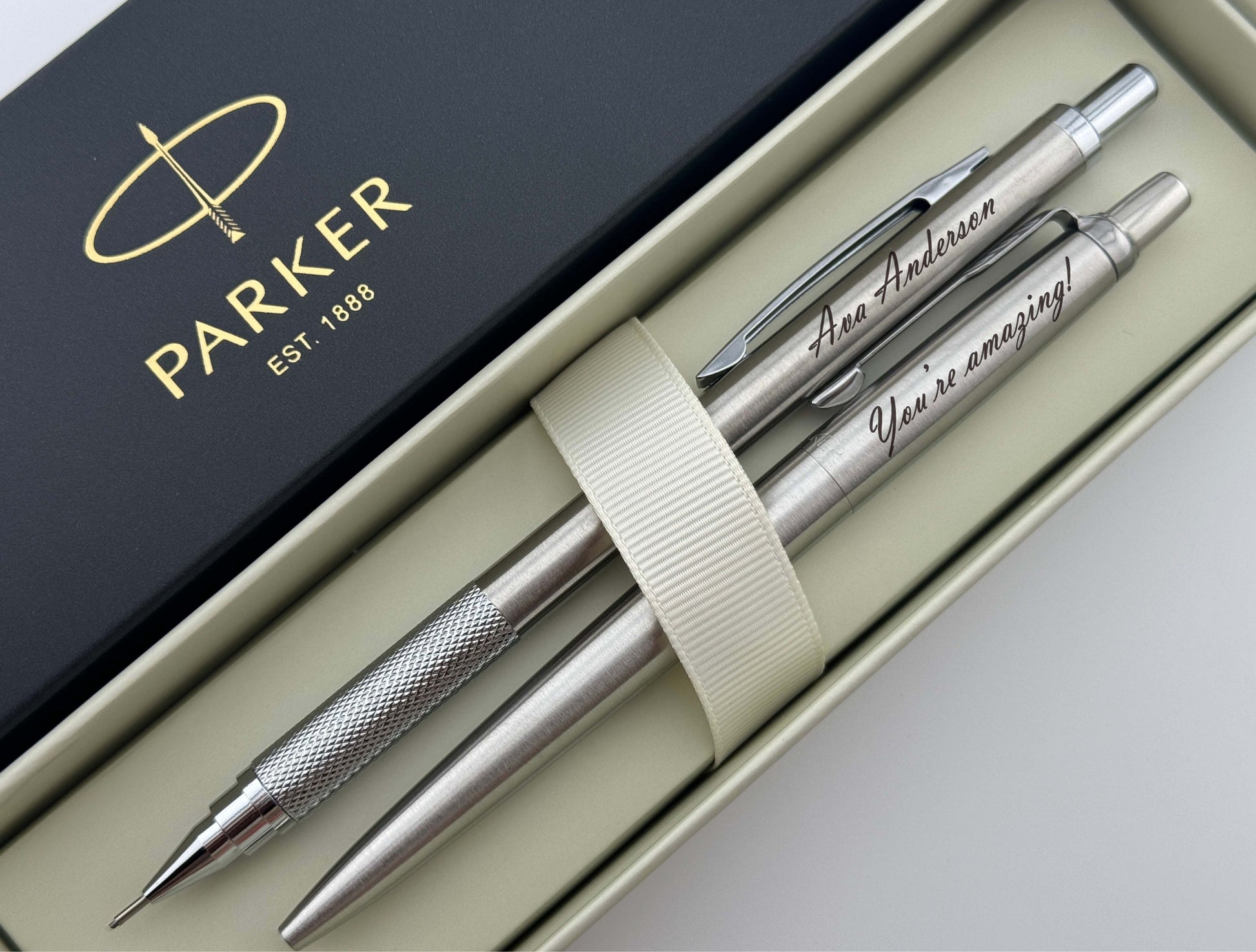 Custom Engraved Parker Jotter Pen and Mechanical Pencil Set in Parker Cardboard Box
