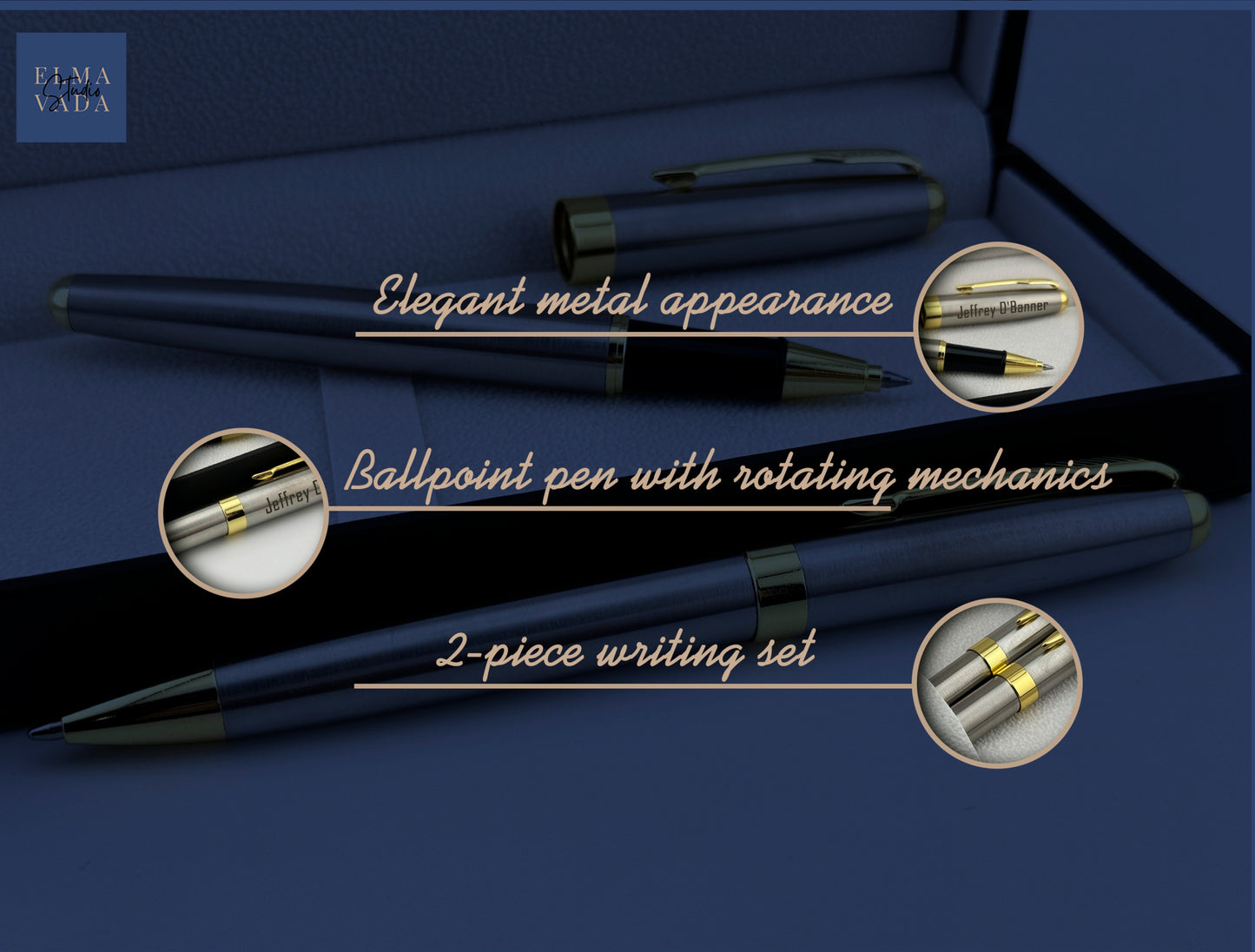 Custom Engraved Rollerball and Ballpoint Pens Set in Personalized PU Leather Box