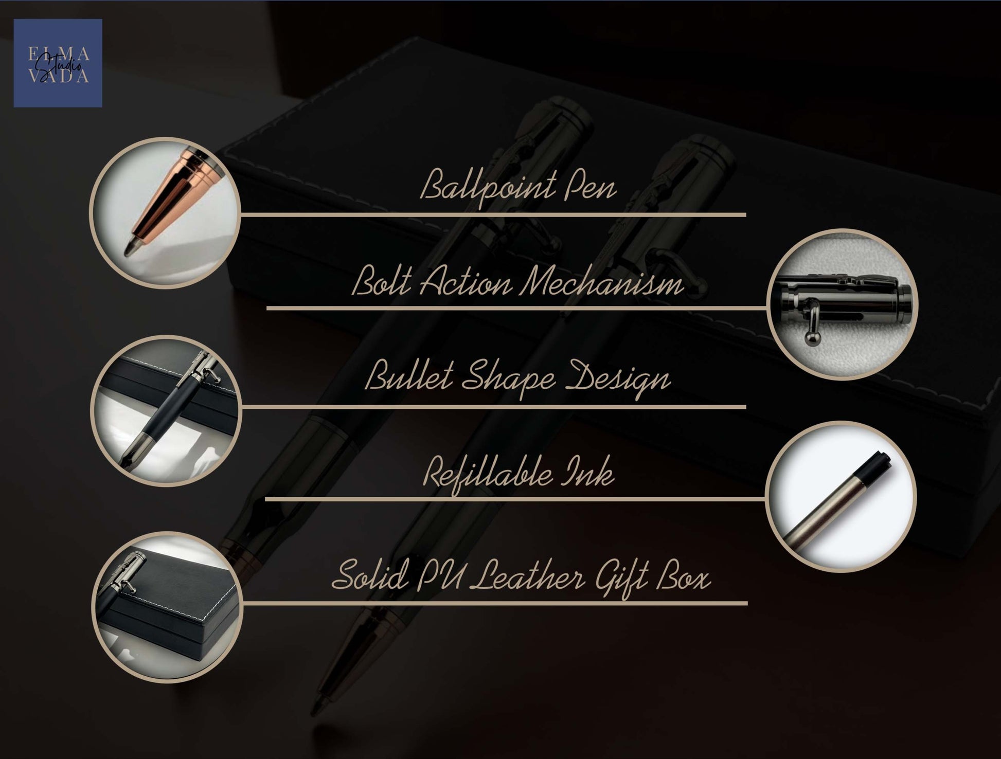 Custom Engraved Bolt Action Bullet Shaped Pen in PU Leather Box