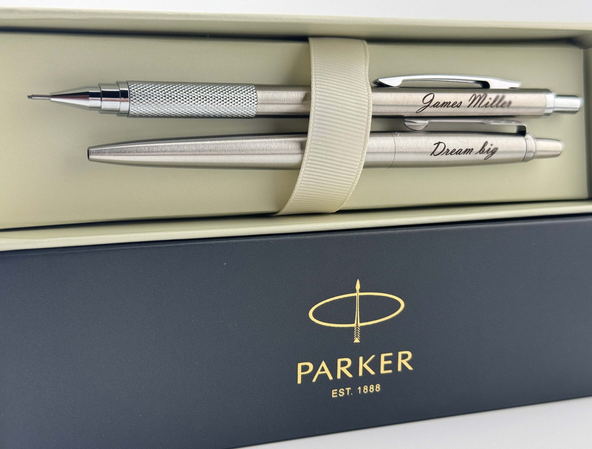 Custom Engraved Parker Jotter Pen and Mechanical Pencil Set in Parker Cardboard Box