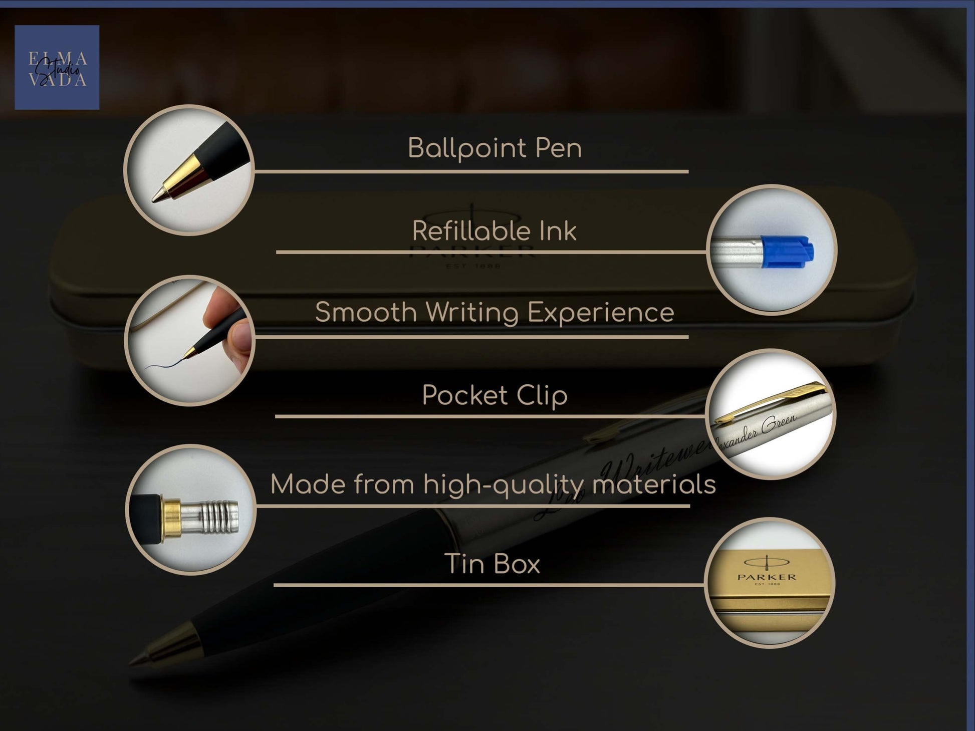 Custom Engraved Parker Frontier Ballpoint Pen in Personalized Tin Box