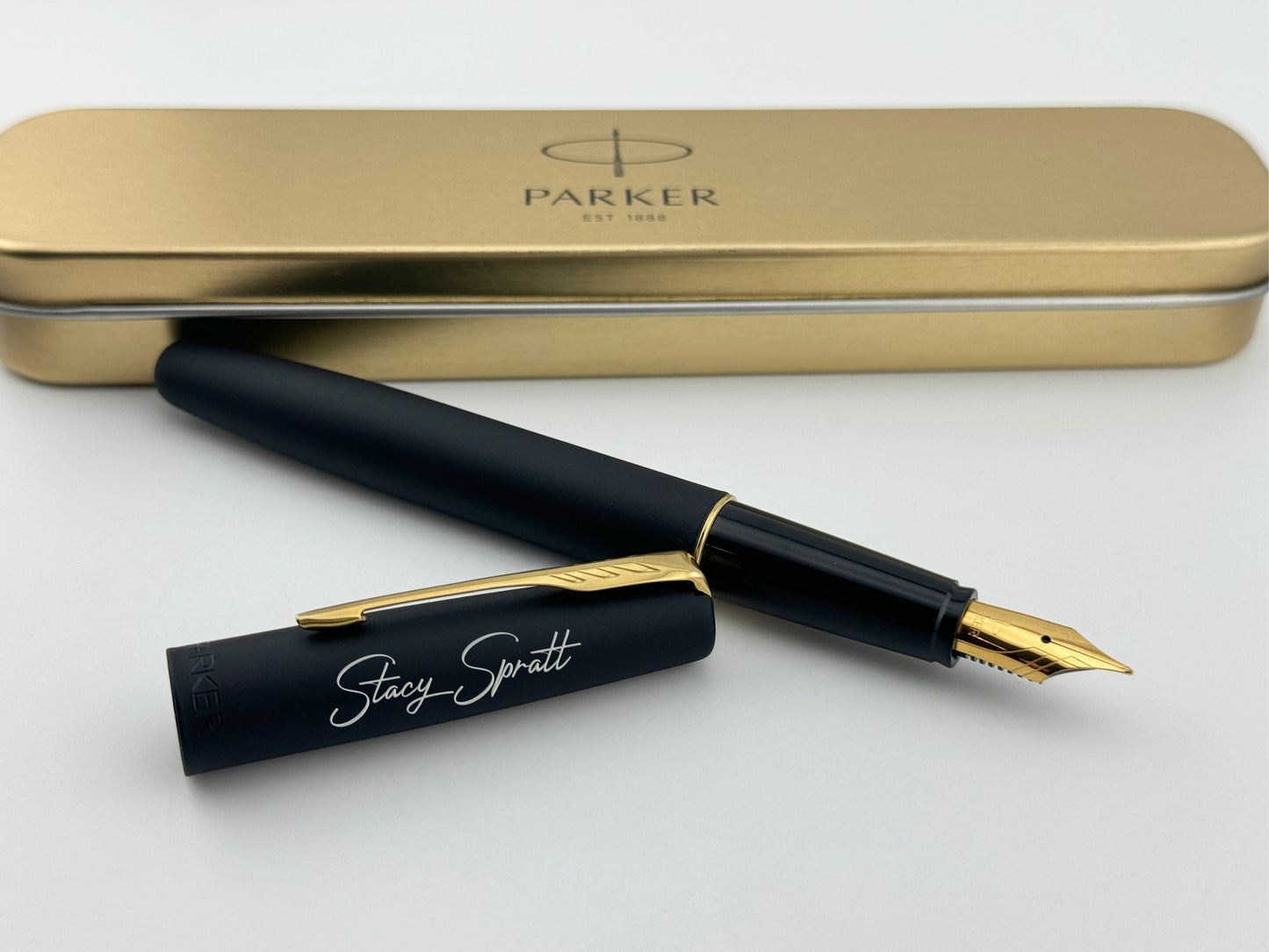 Custom Engraved Parker Fountain Pen in Personalized Tin Box 