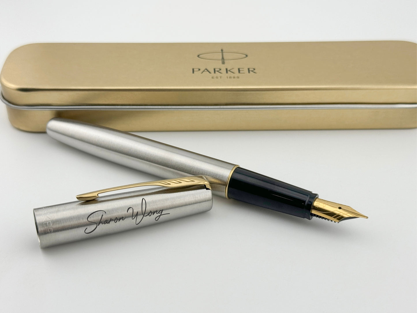 Custom Engraved Parker Fountain Pen in Personalized Tin Box 
