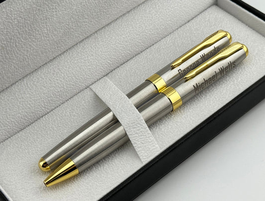 Custom Engraved Rollerball and Ballpoint Pens Set in Personalized PU Leather Box 