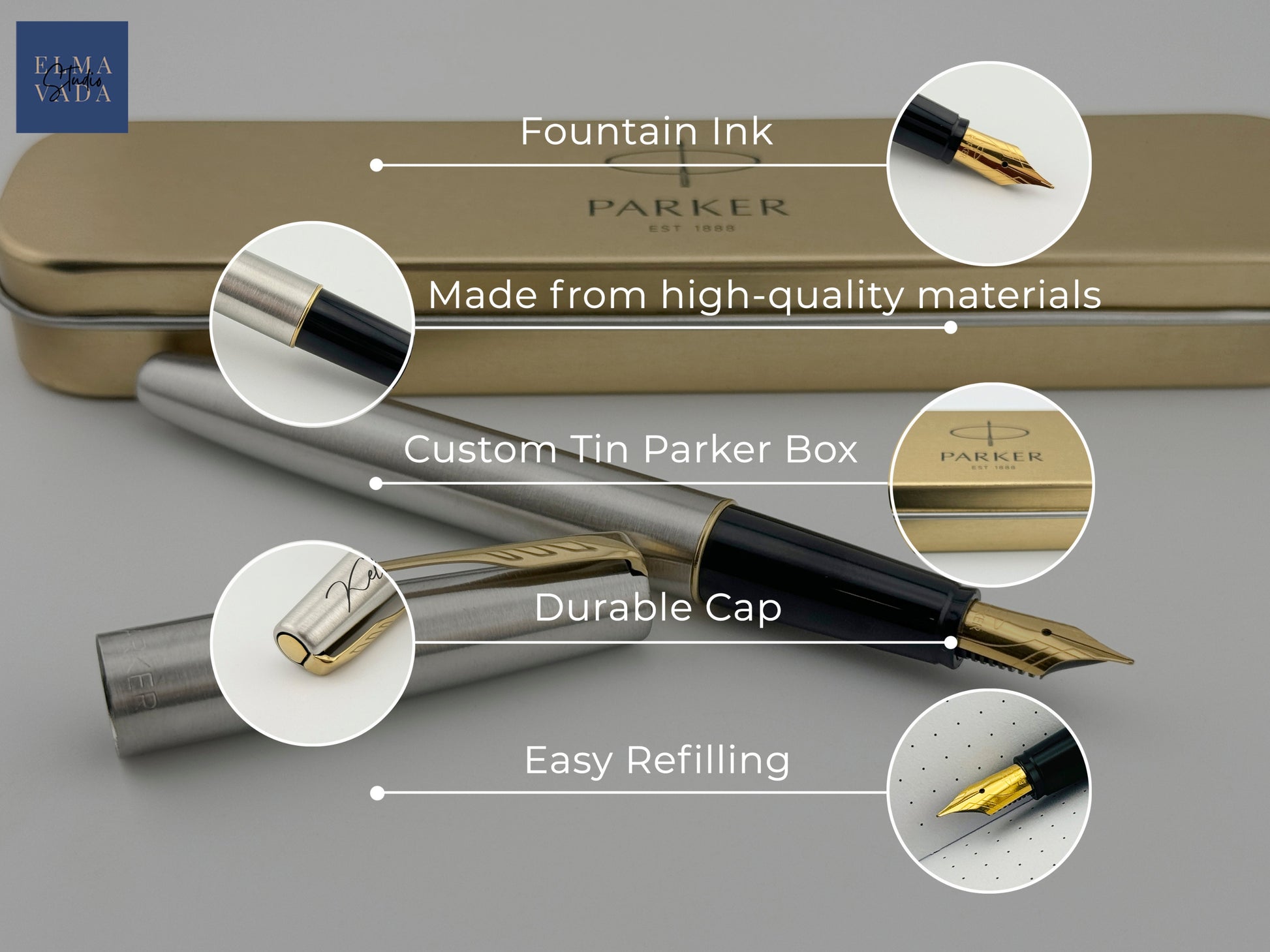 Custom Engraved Parker Fountain Pen in Personalized Tin Box 
