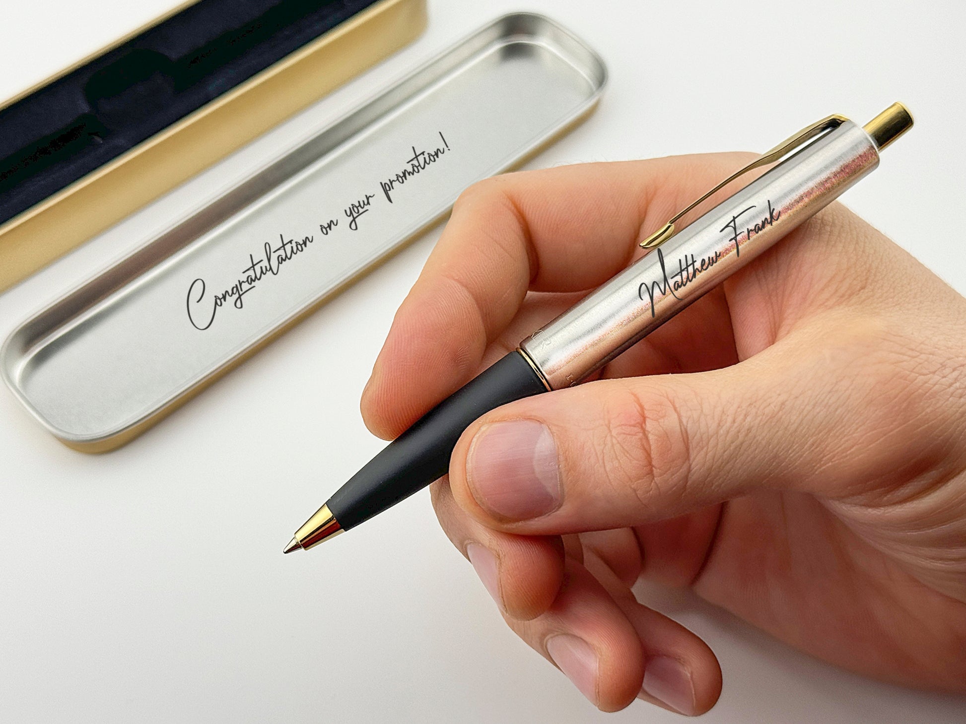 Custom Engraved Parker Frontier Ballpoint Pen in Personalized Tin Box
