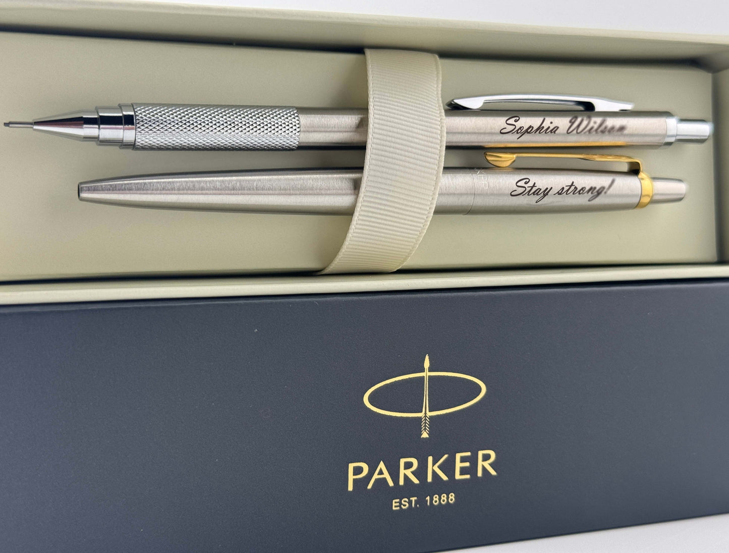 Custom Engraved Parker Jotter Pen and Mechanical Pencil Set in Parker Cardboard Box