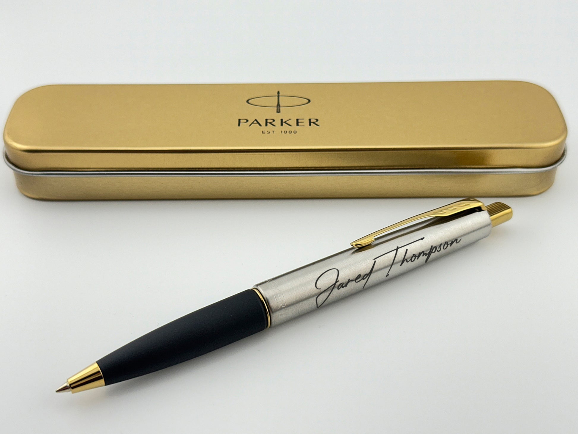 Custom Engraved Parker Frontier Ballpoint Pen in Personalized Tin Box