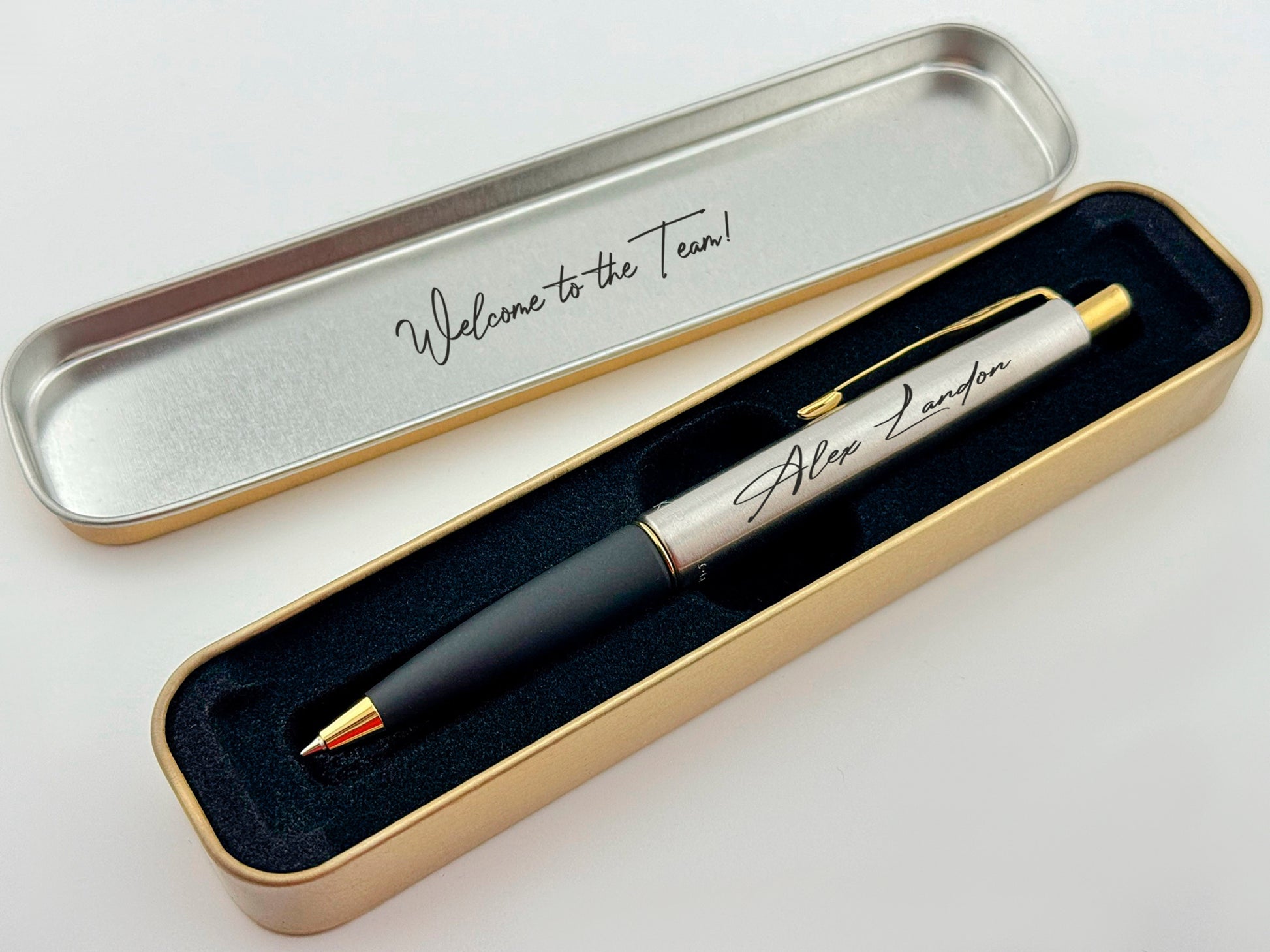 Custom Engraved Parker Frontier Ballpoint Pen in Personalized Tin Box