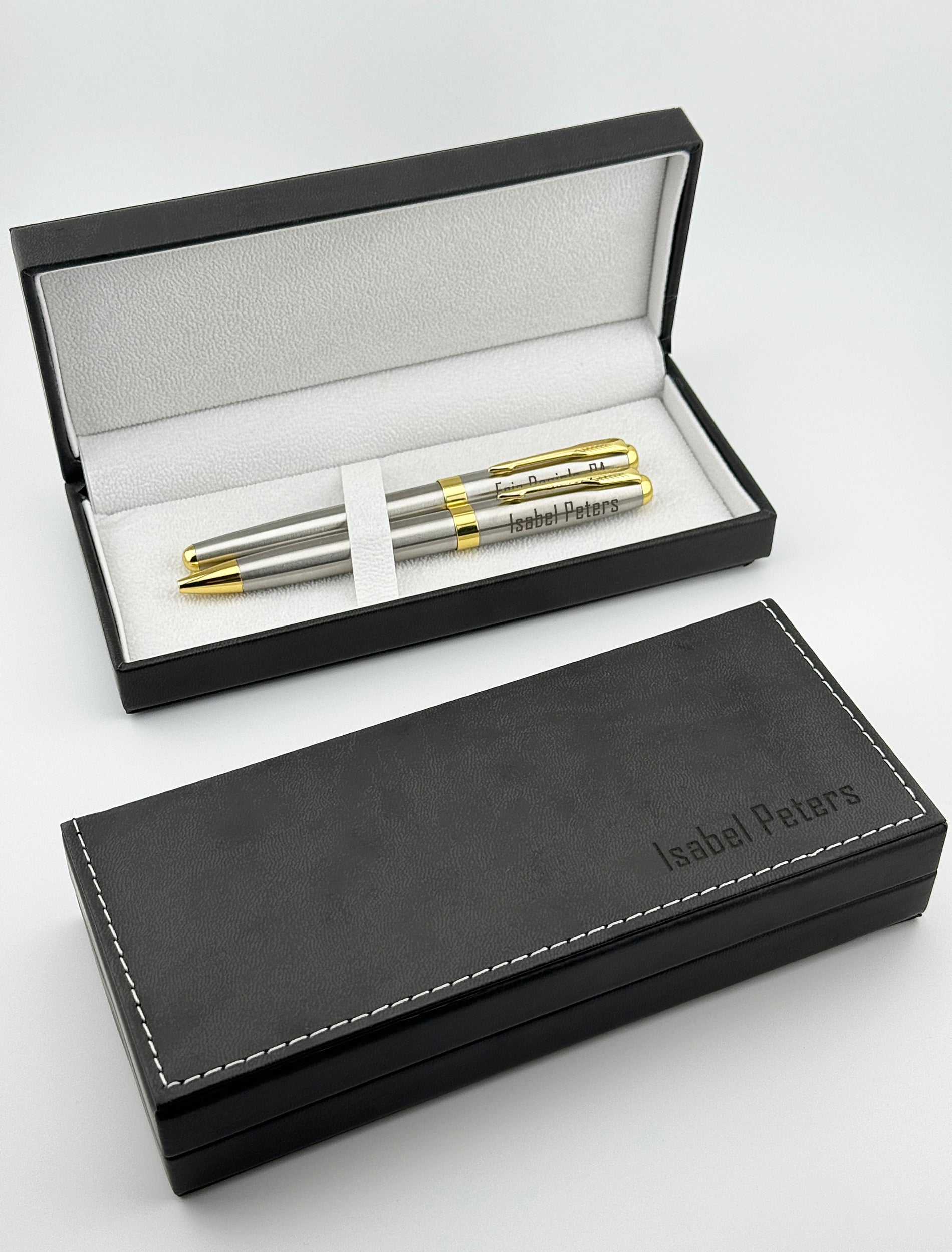 Custom Engraved Rollerball and Ballpoint Pens Set in Personalized PU Leather Box 