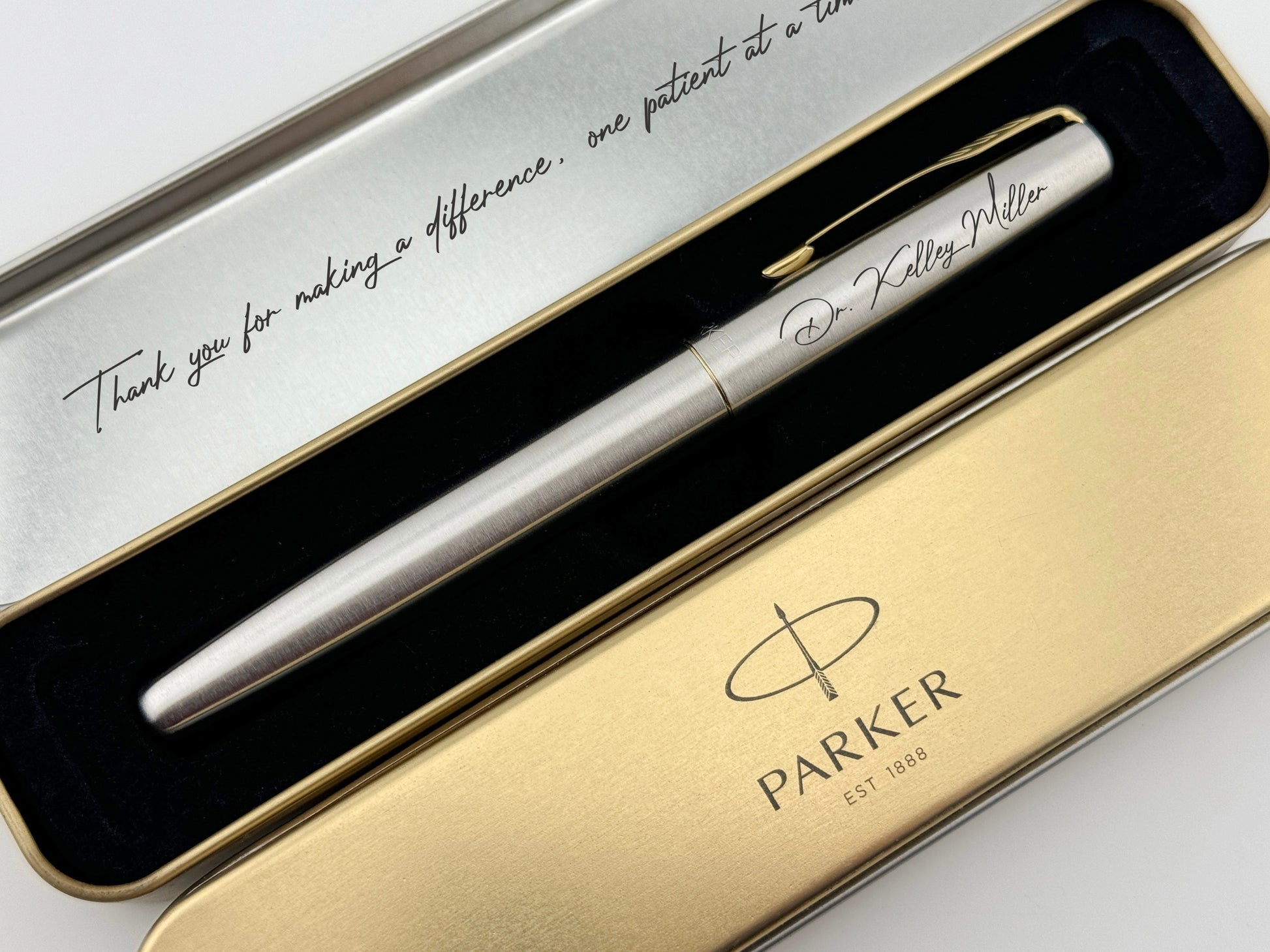 Custom Engraved Parker Fountain Pen in Personalized Tin Box 