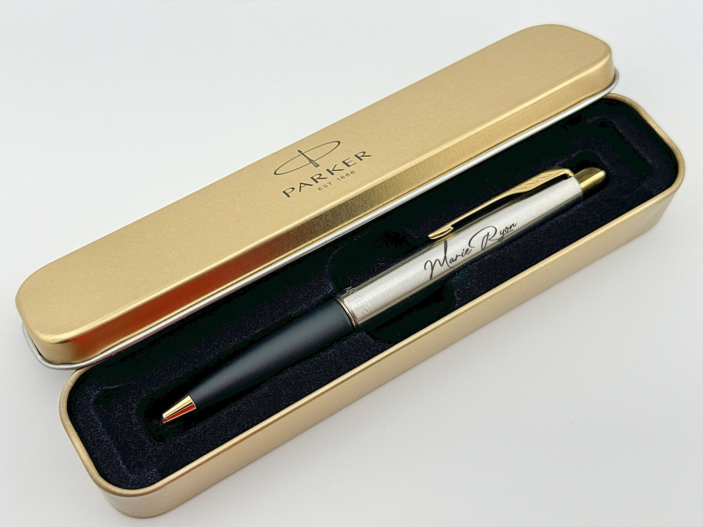 Custom Engraved Parker Frontier Ballpoint Pen in Personalized Tin Box