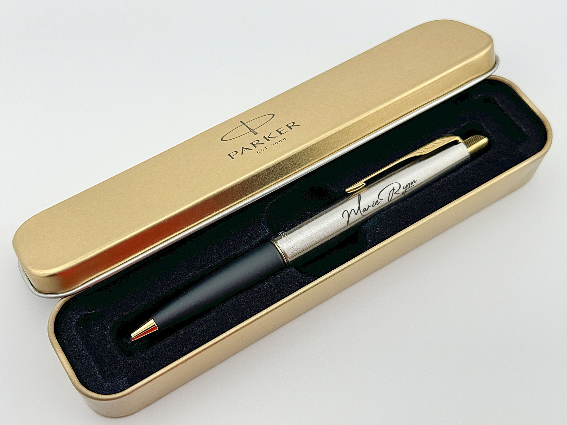 Custom Engraved Parker Frontier Ballpoint Pen in Personalized Tin Box