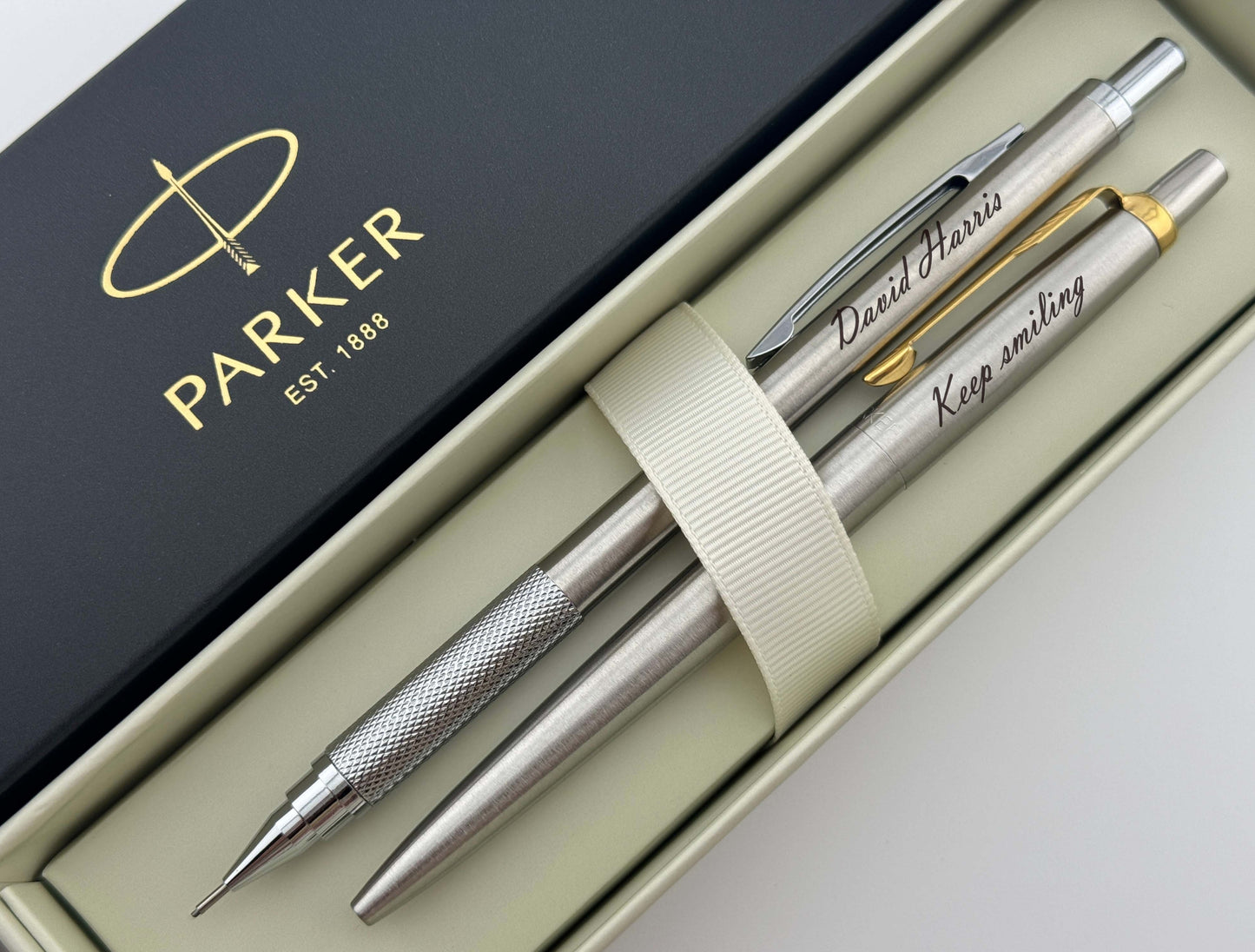 Custom Engraved Parker Jotter Pen and Mechanical Pencil Set in Parker Cardboard Box