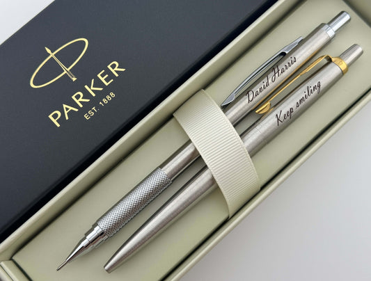 Custom Engraved Parker Jotter Pen and Mechanical Pencil Set in Parker Cardboard Box